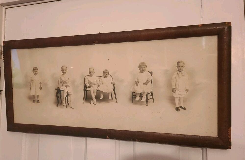 Vintage antique 1910-1920s wooden framed photo collage 6 children